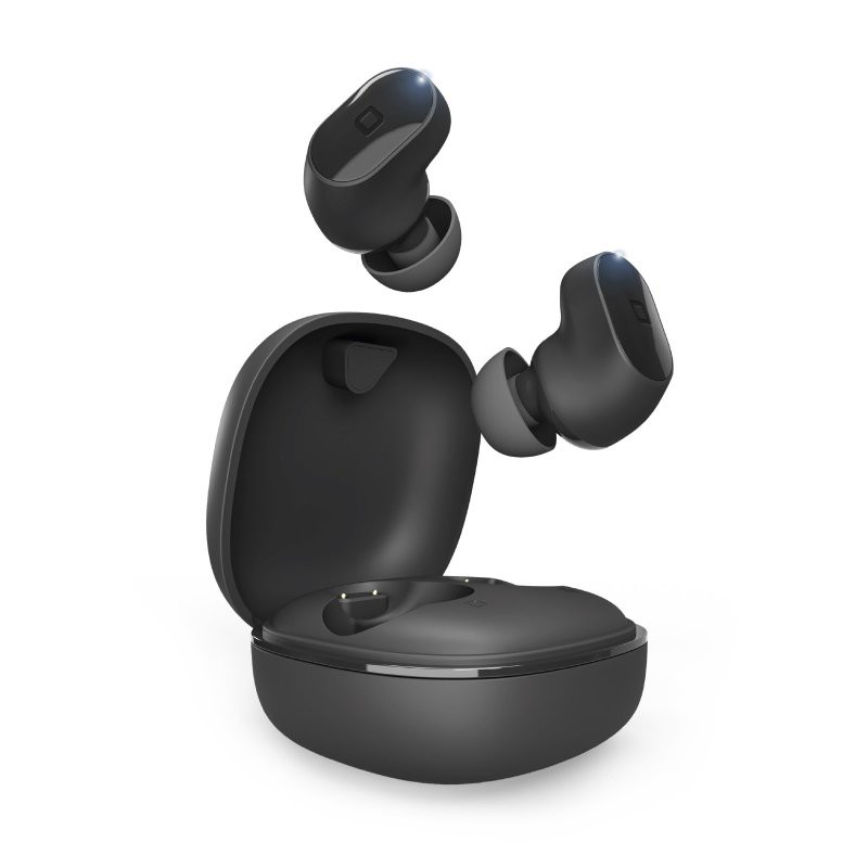 IPX4 Water resistant TWS earphones with touch controls, charging base, voice assistant function with cable and rubber tips included